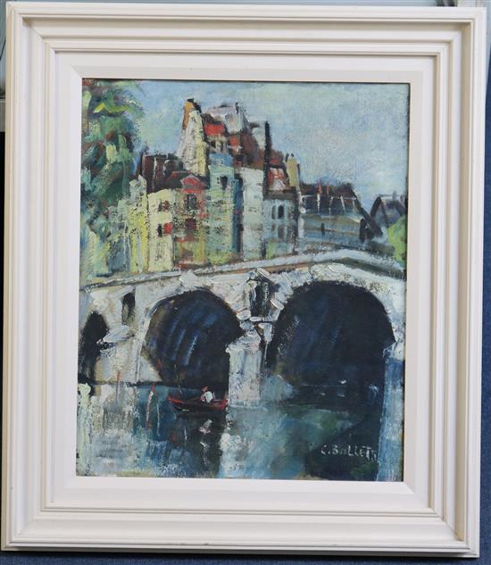 Continental School Town scene with boatmen beneath a bridge, 18 x 15in.